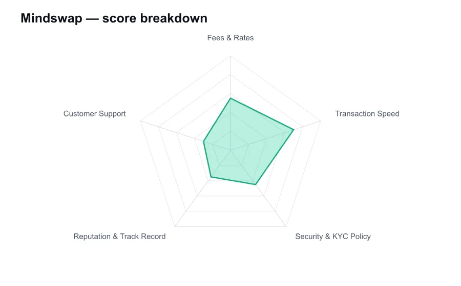 Mindswap score breakdown by criterion, shown as a radar chart