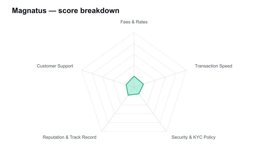Magnatus score breakdown by criterion, shown as a radar chart