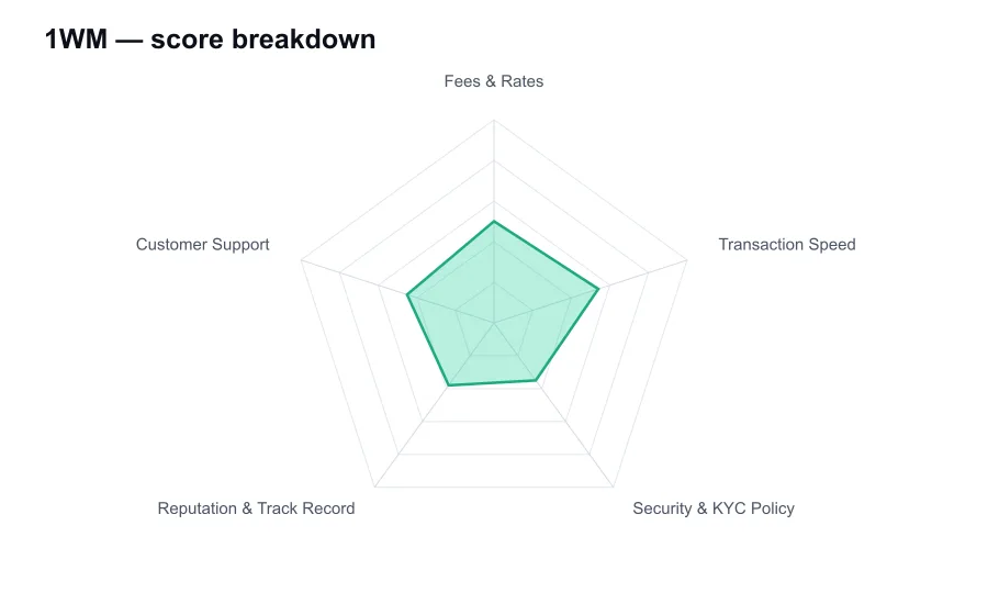 1WM score breakdown by criterion, shown as a radar chart